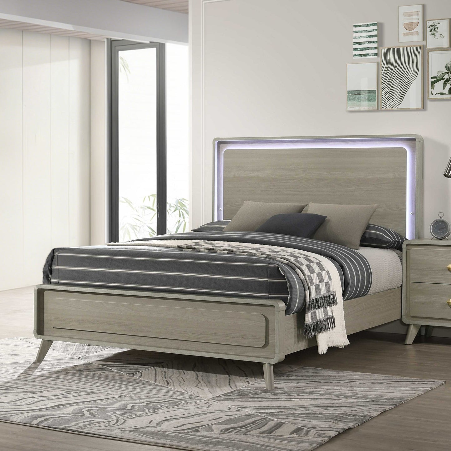 Contemporary Gray Bed with LED Wood Panel Headboard