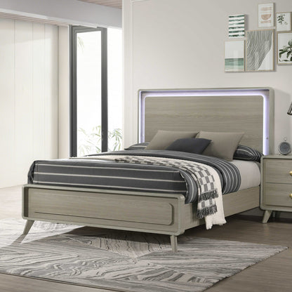 Contemporary Gray Bed with LED Wood Panel Headboard
