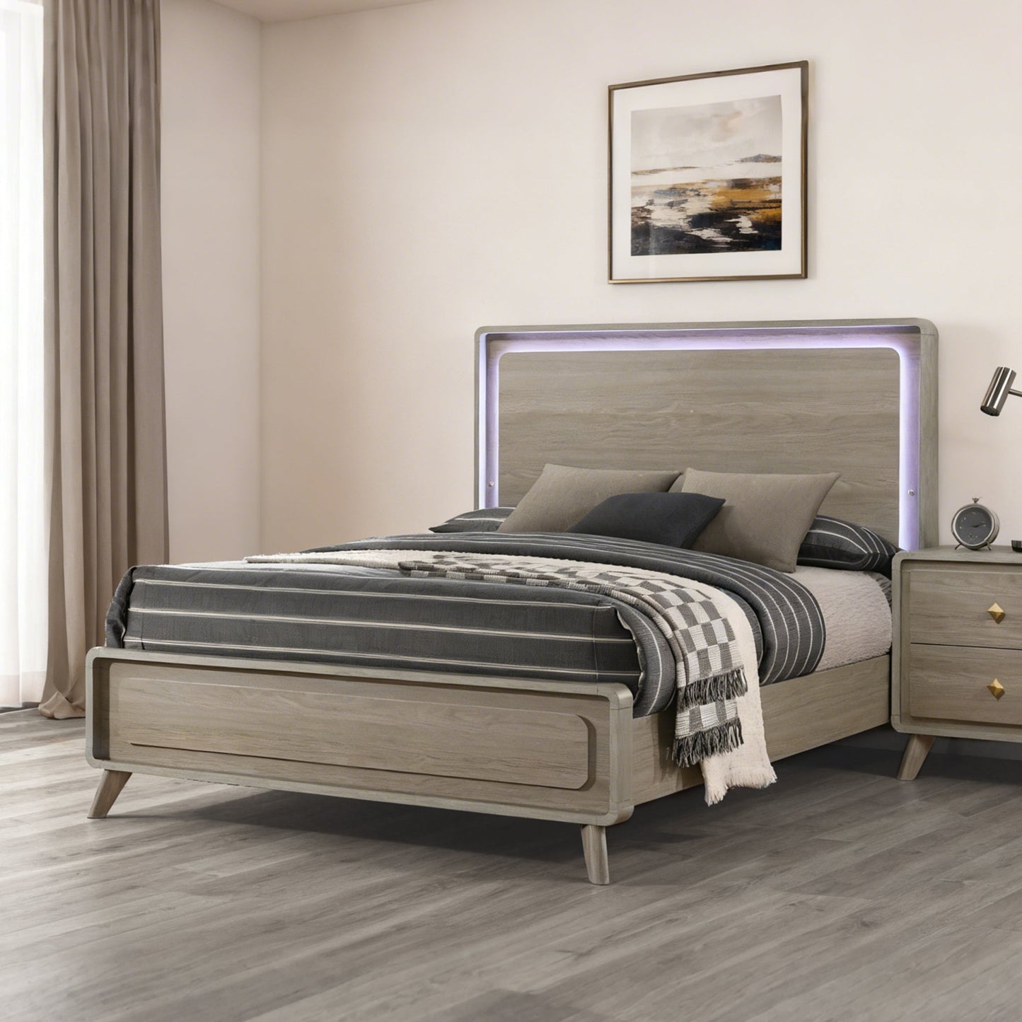 Contemporary Gray Bed with LED Wood Panel Headboard