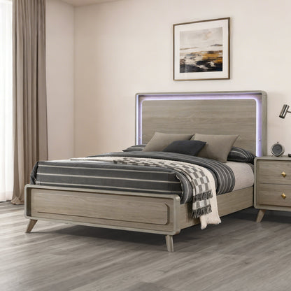 Contemporary Gray Bed with LED Wood Panel Headboard