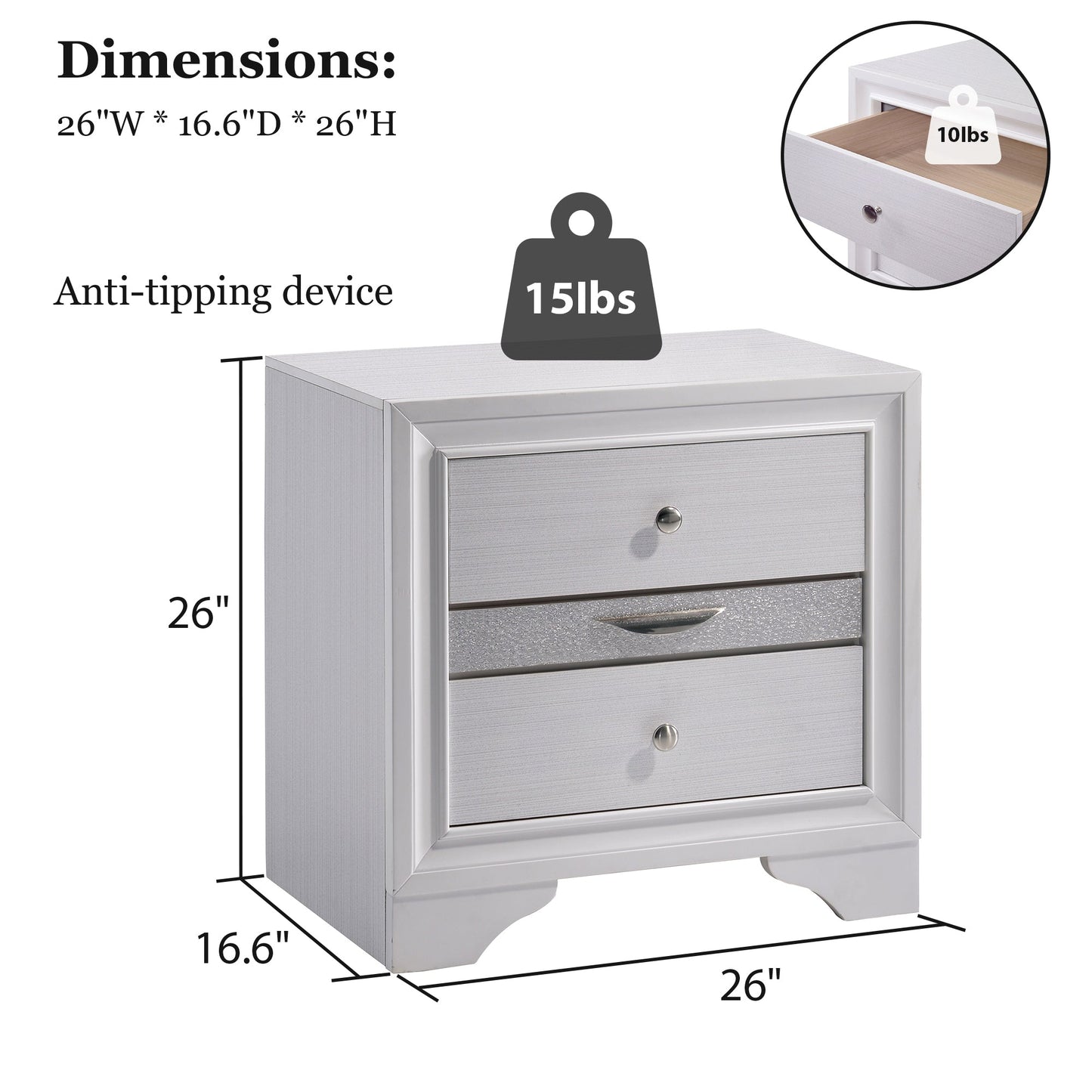 Fully Assembled Contemporary Solid Wood  Nightstand with 3 Drawers