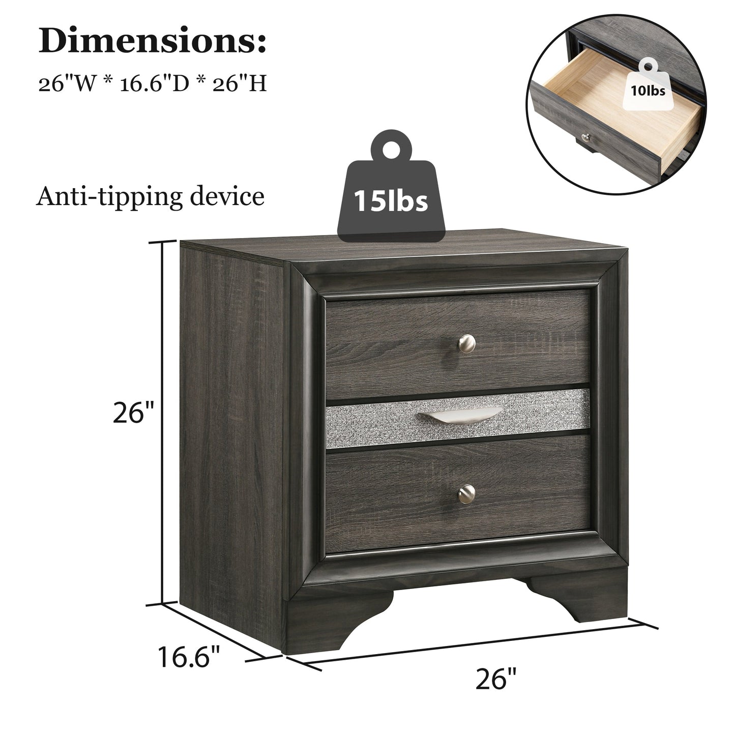 Fully Assembled Contemporary Solid Wood  Nightstand with 3 Drawers