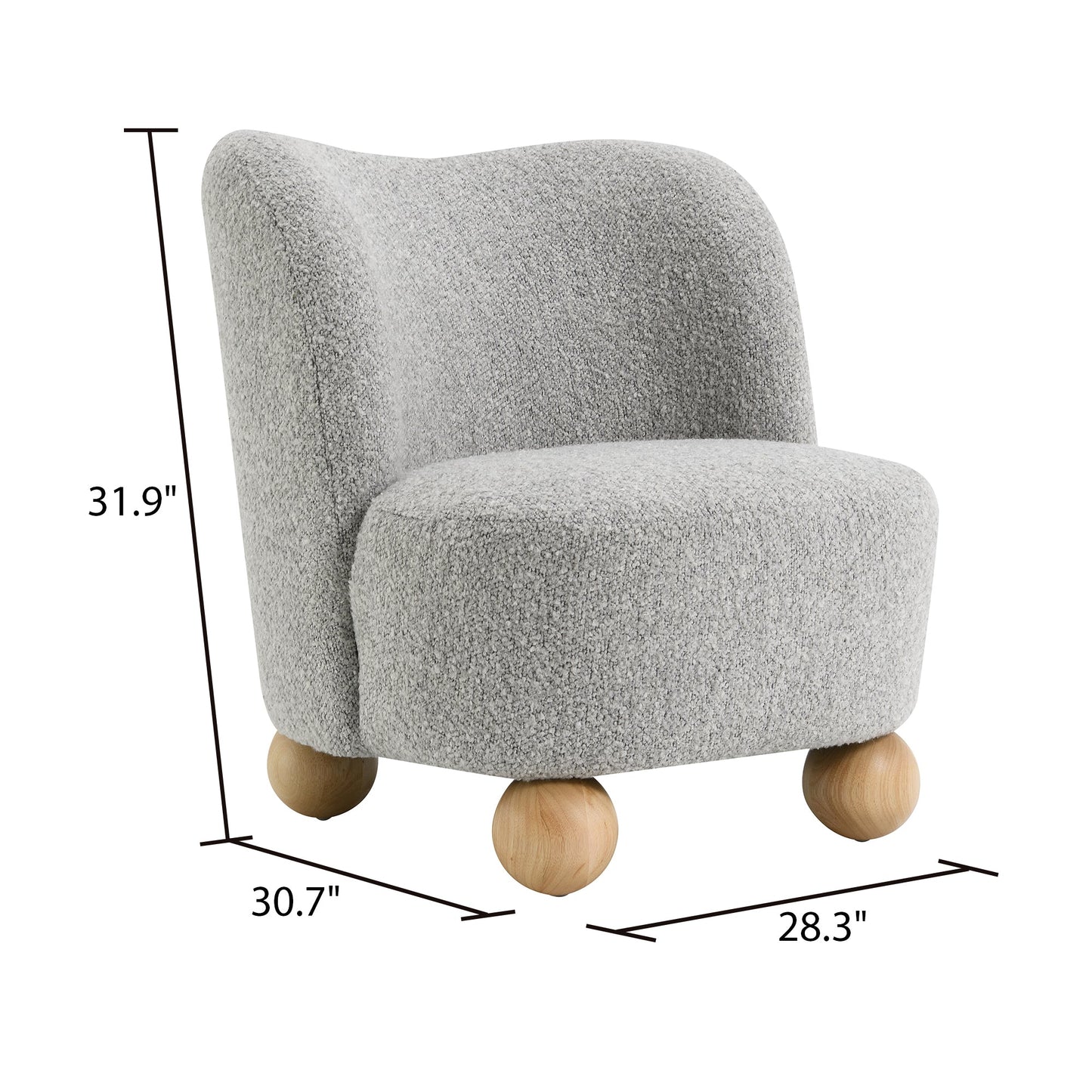 Contemporary Boucle Accent Chair – Sculptural Wood Ball Feet, Wide Seat