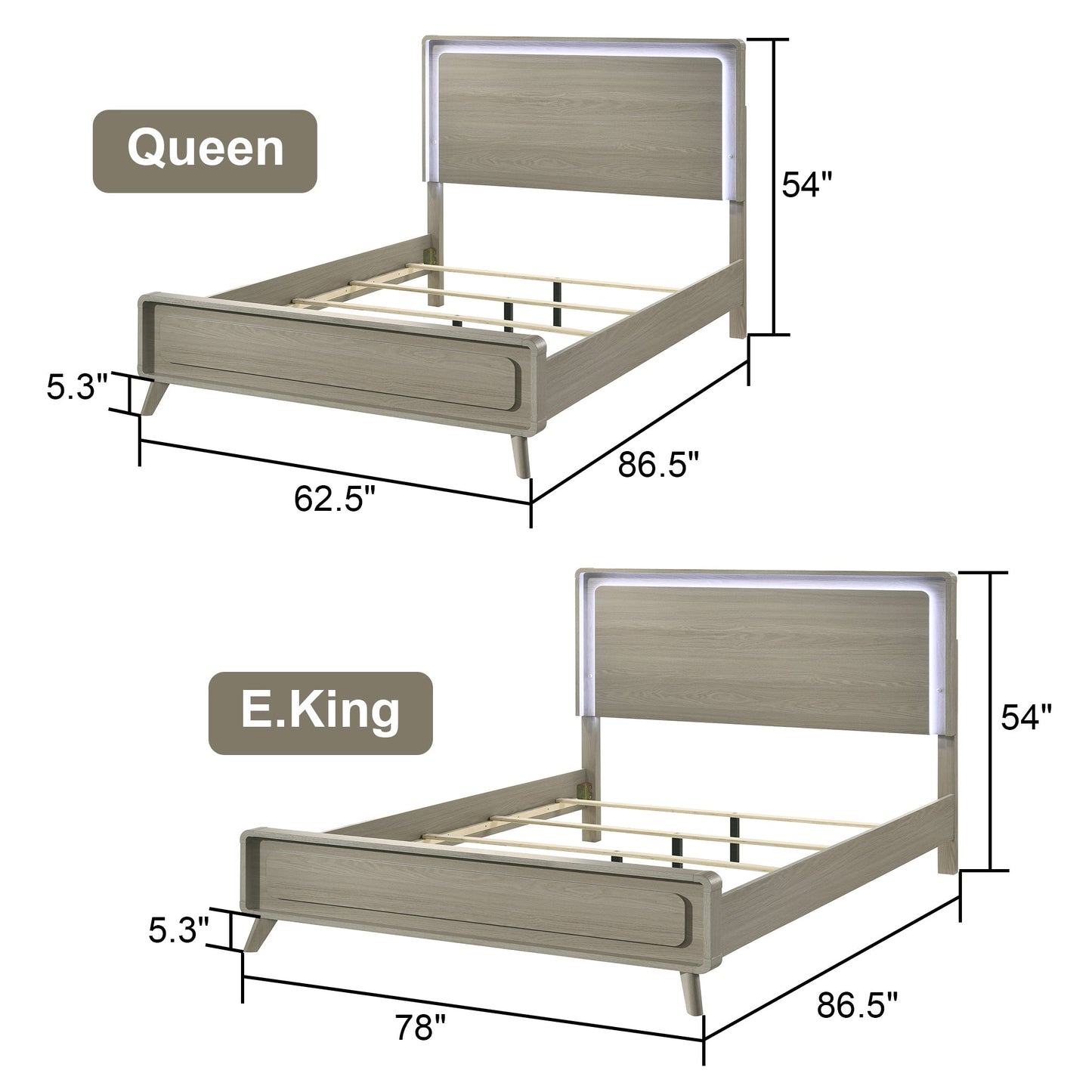 Contemporary Gray Bed with LED Wood Panel Headboard