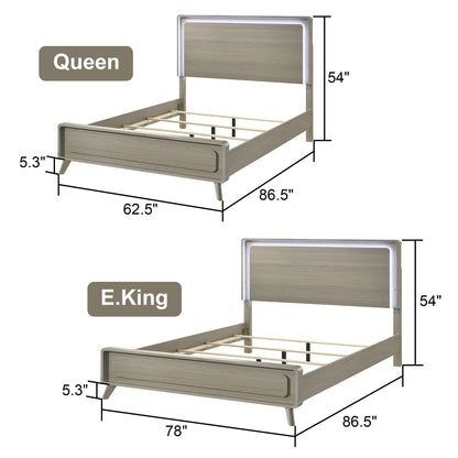 Contemporary Gray Bed with LED Wood Panel Headboard