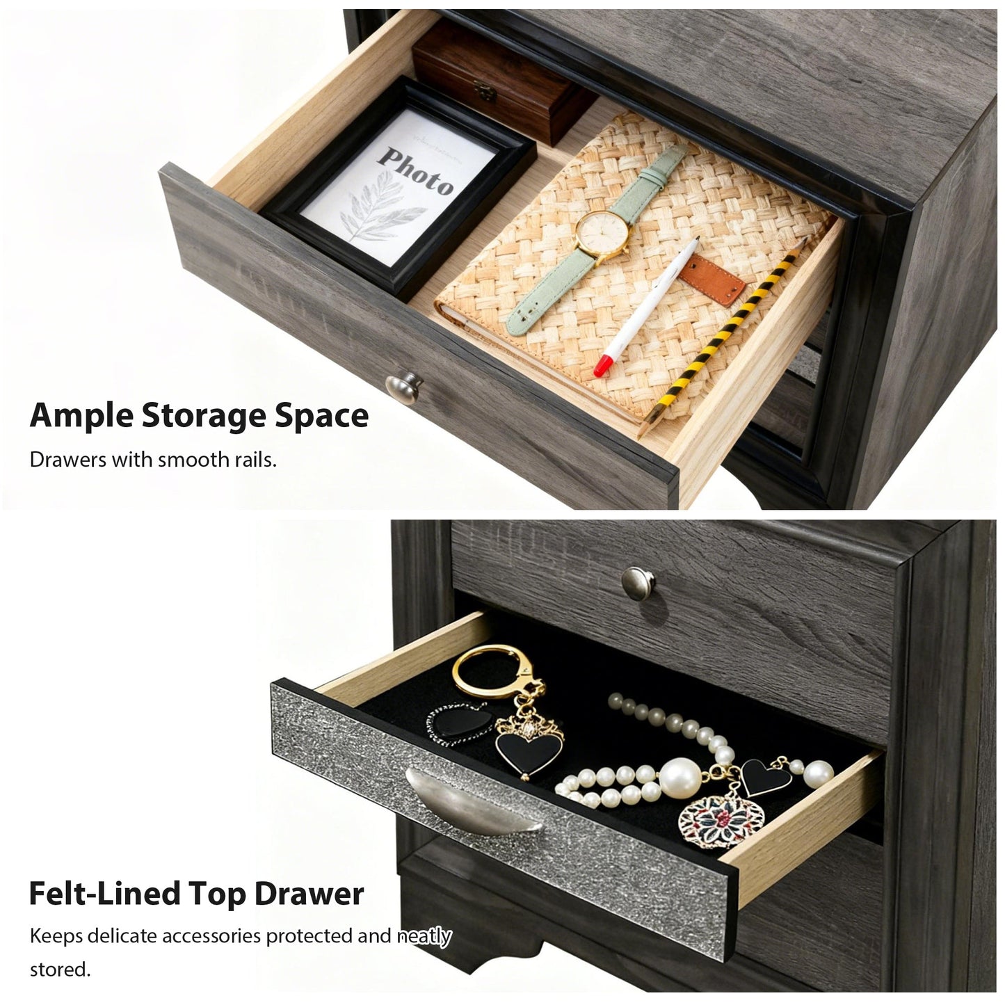 Fully Assembled Contemporary Solid Wood  Nightstand with 3 Drawers