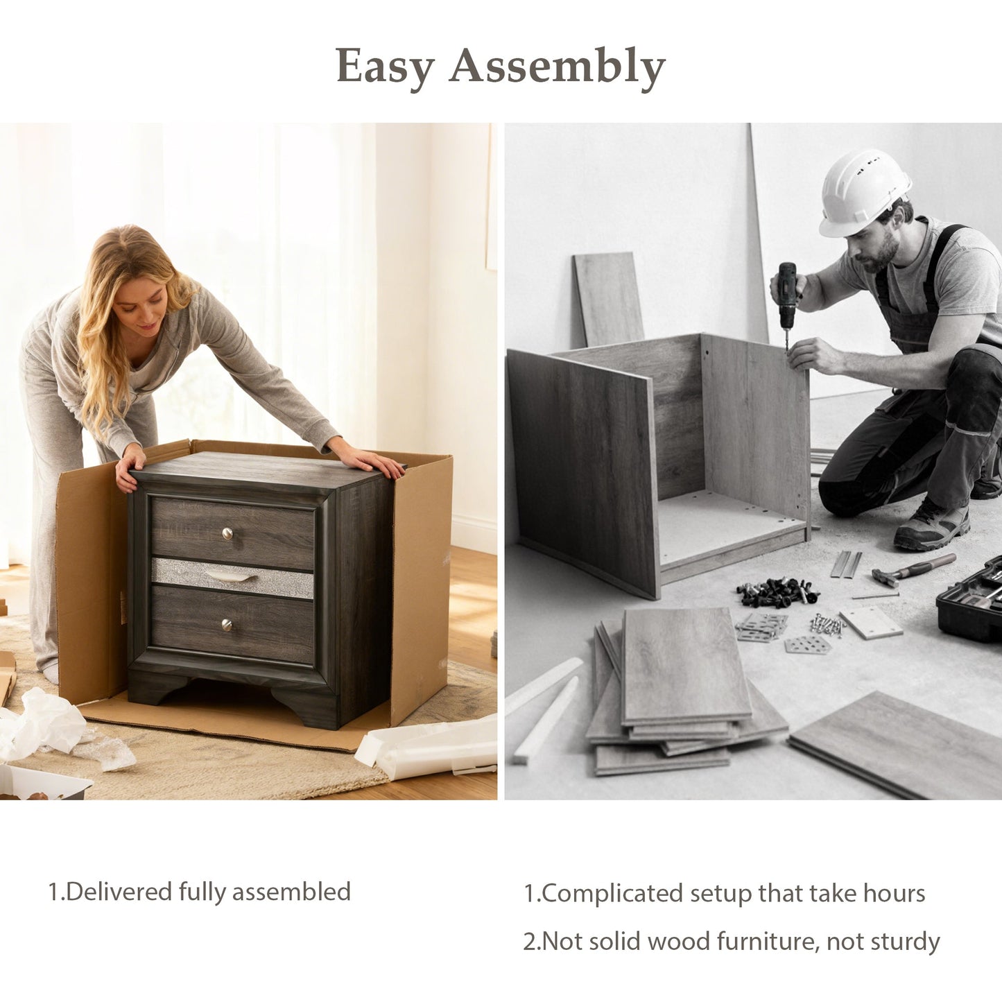 Fully Assembled Contemporary Solid Wood  Nightstand with 3 Drawers