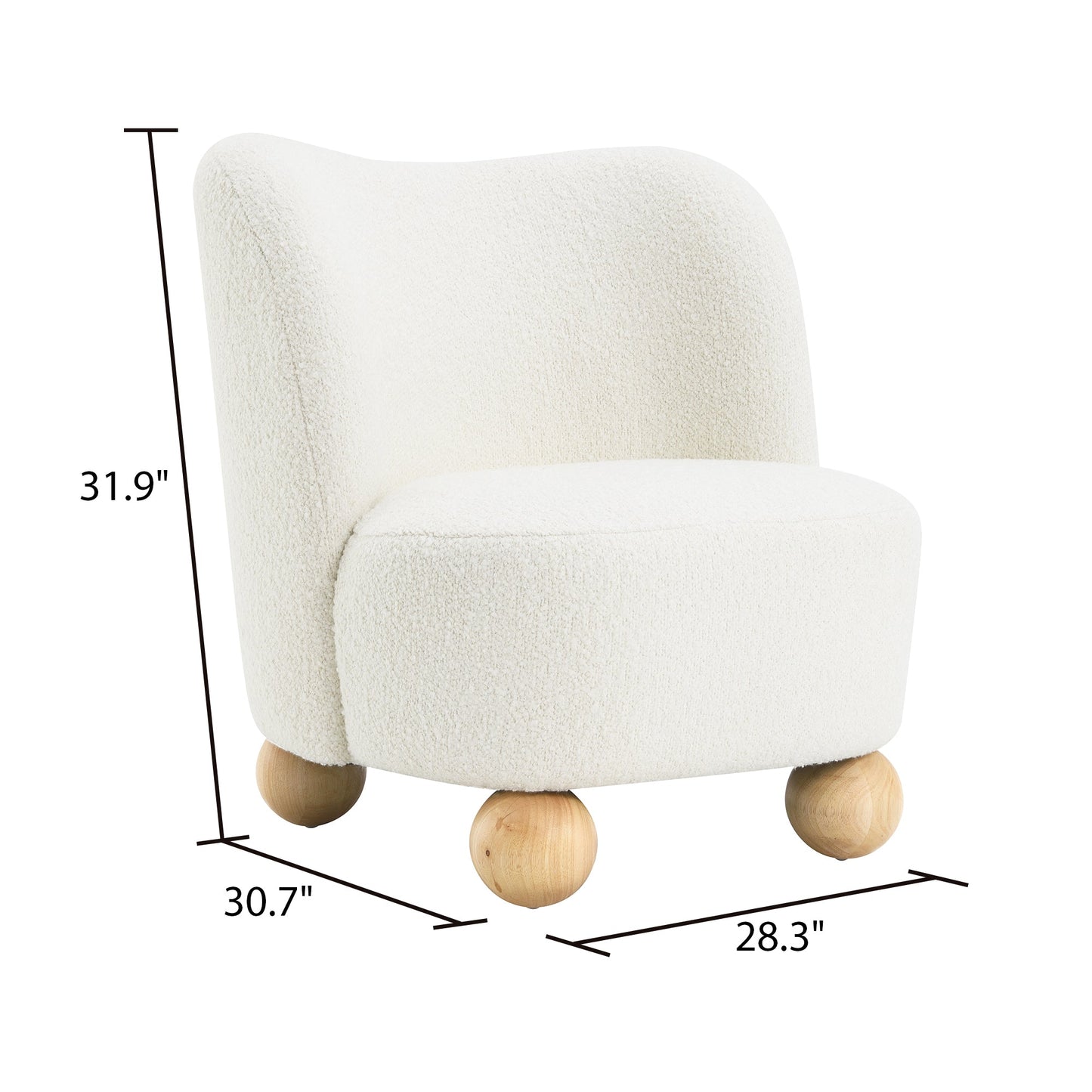 Contemporary Boucle Accent Chair – Sculptural Wood Ball Feet, Wide Seat