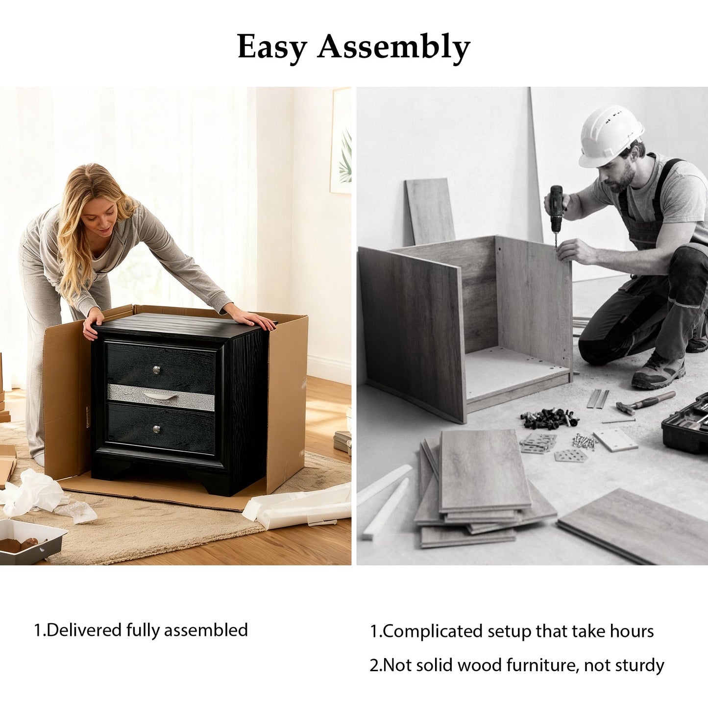 Fully Assembled Contemporary Solid Wood  Nightstand with 3 Drawers