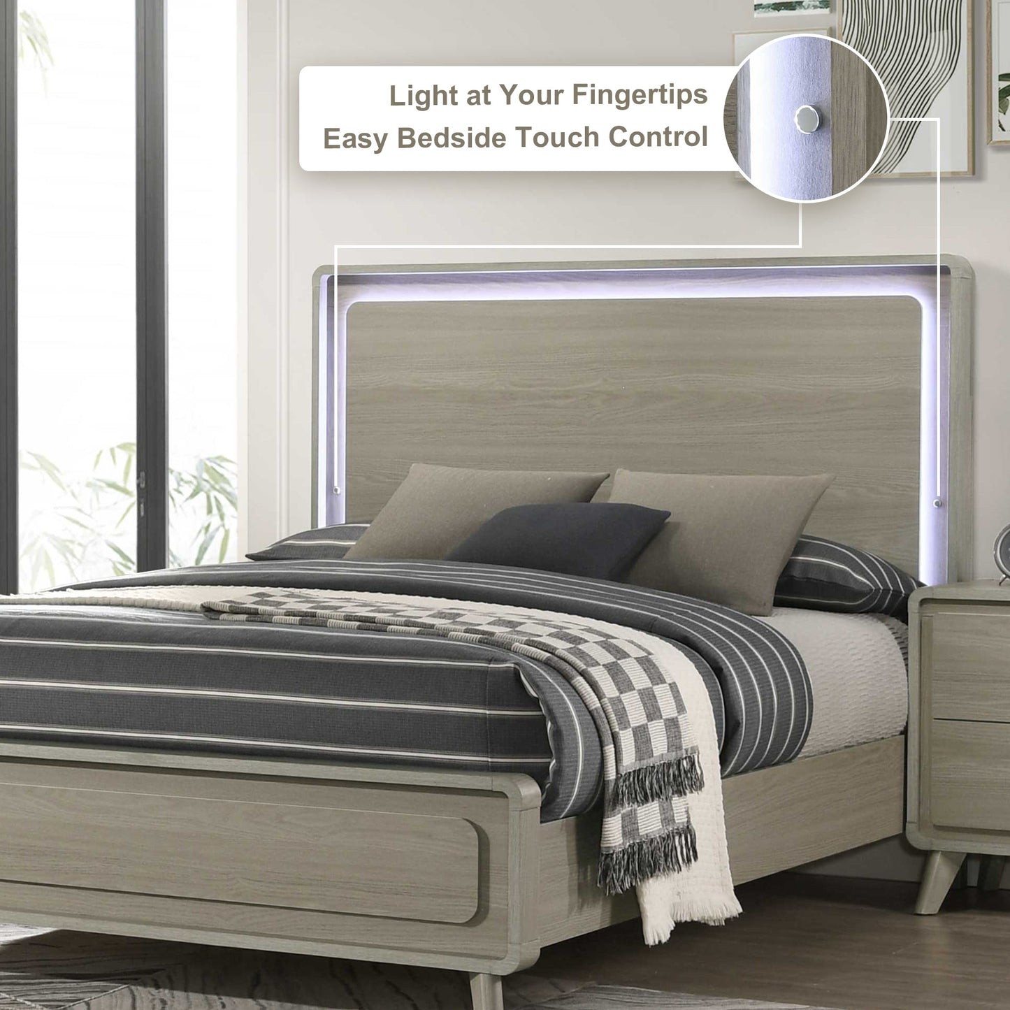 Contemporary Gray Bed with LED Wood Panel Headboard